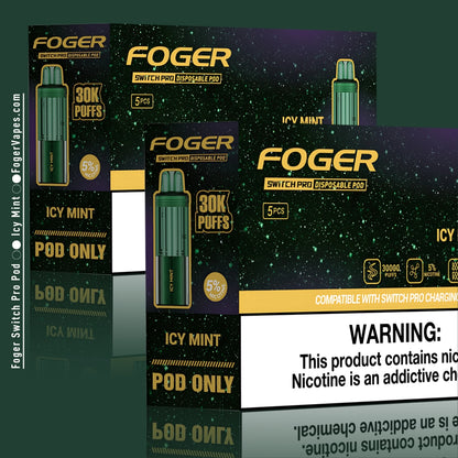 Foger Switch Pro Disposable Pod 10-pack in Icy Mint flavor, featuring 30,000 puffs per pod, 5% nicotine content, dual mesh coil technology, adjustable airflow, and a clear tank design. Packaging emphasizes compatibility with Switch Pro devices and convenience for bulk use.