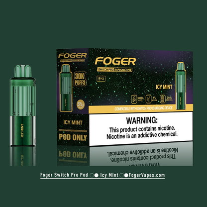 Foger Switch Pro Disposable Pod 5-pack in Icy Mint flavor, designed for use with the Switch Pro device. Highlights include 30,000 puffs per pod, 5% nicotine, dual mesh coil technology, clear tank, and adjustable airflow. The packaging clearly states compatibility and high nicotine strength.