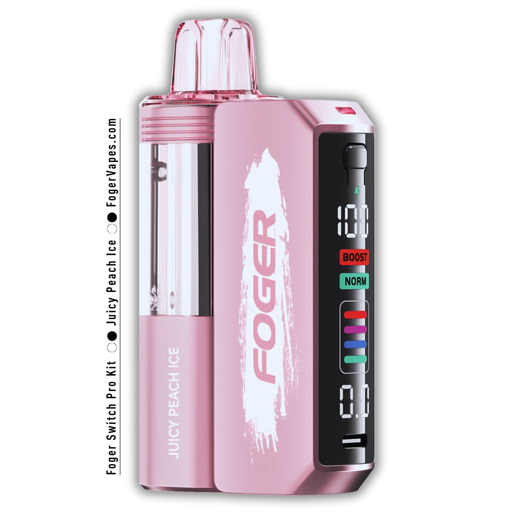 Foger Switch Pro 30K Puffs Disposable Juicy Peach Ice featuring a soft pink body with white branding, a transparent liquid tank, and a digital display with Boost and Normal puff modes, delivering a sweet and refreshing peach flavor with a cool icy finish.