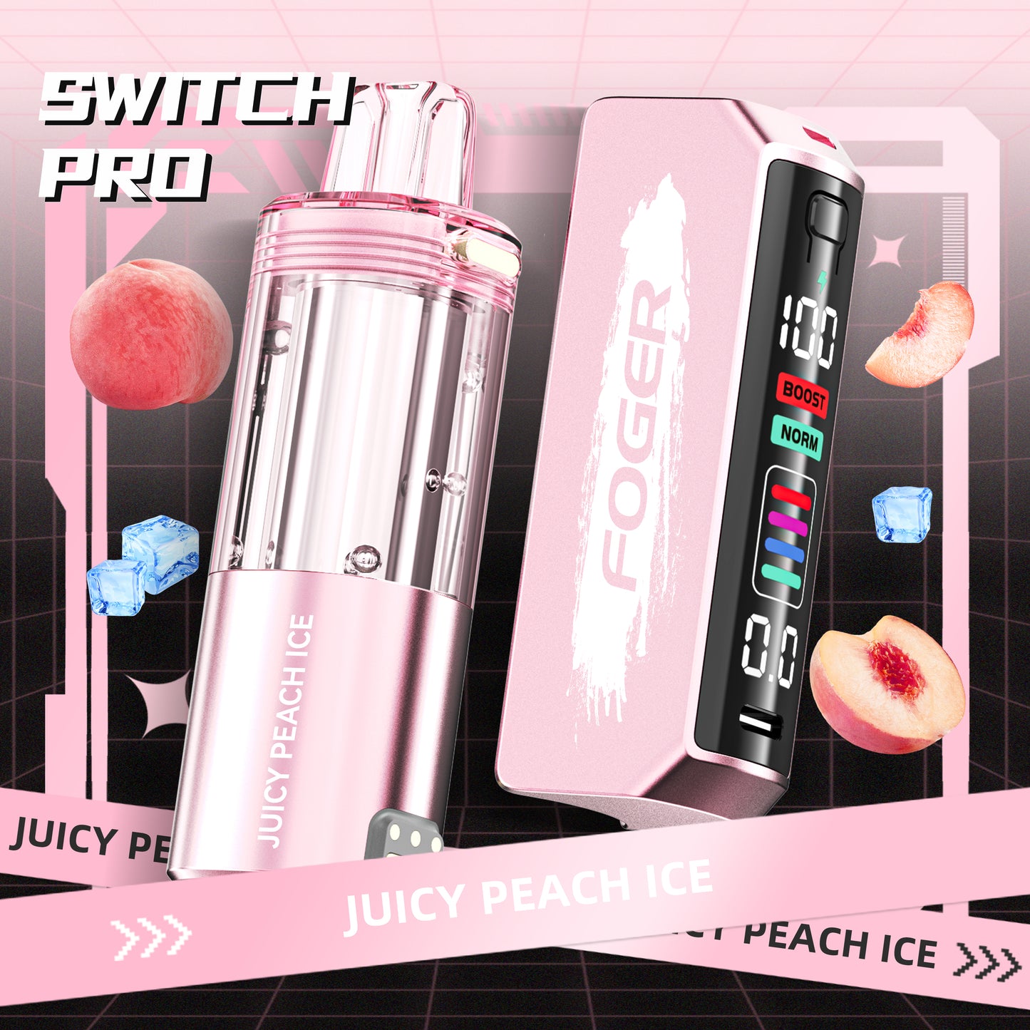 Foger Switch Pro Pod in Juicy Peach Ice flavor, flaunting a soft pink design with a clear tank. Designed for up to 30K puffs, this vape delivers a sweet and icy peach sensation with Foger Vapes’ innovation.