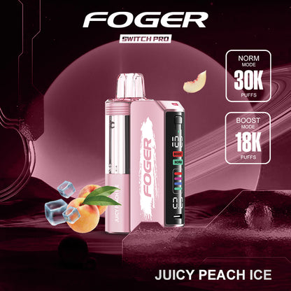 Foger Switch Pro Kit with Juicy Peach Ice flavor, offering 30K puffs with a sleek design. The device features a pink body, adjustable airflow, OLED display, and dual mesh coil technology. Includes hints of peach and a cooling ice finish, ideal for a refreshing vaping experience.