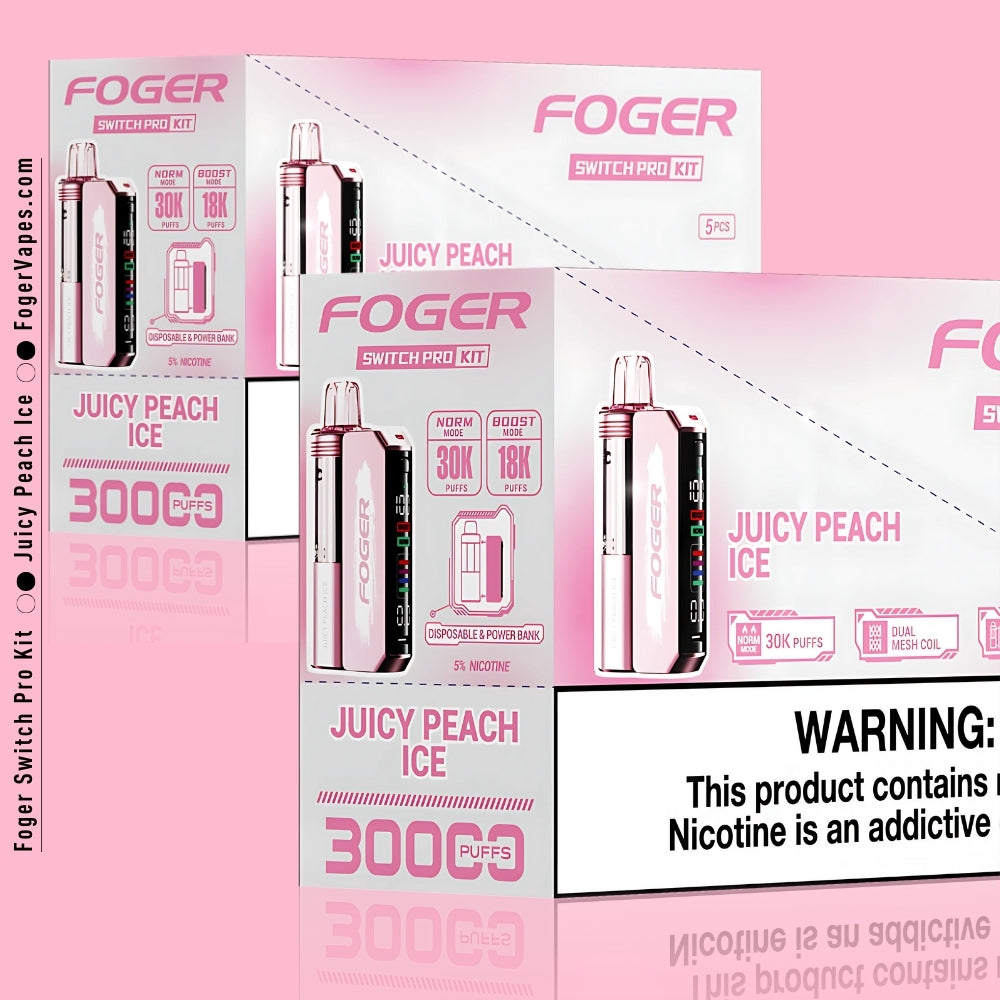 Foger Switch Pro Kit - Juicy Peach Ice in a 10 pack, designed for extended enjoyment with 30K puffs per pod. Each device features dual mesh coils, adjustable airflow, and a smart OLED screen. With 5% nicotine, it delivers the perfect combination of sweet peach and cool ice, perfect for any vaping enthusiast.