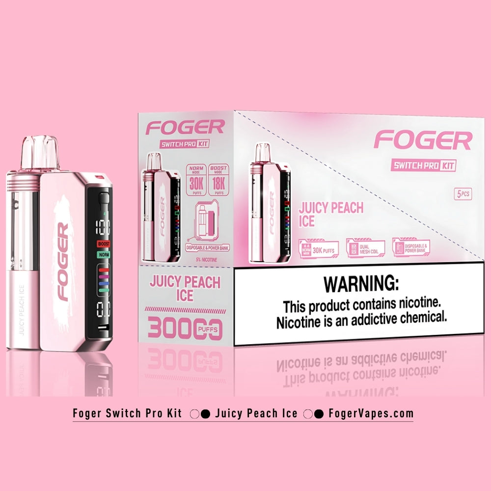 Foger Switch Pro Kit - Juicy Peach Ice, available in a 5 pack, offering 30K puffs per device. The kit includes dual mesh coils for an enhanced vaping experience with adjustable airflow and OLED screen. Each device contains 5% nicotine, ideal for those who prefer an ice-cold peach flavor with a smooth inhale.