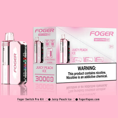 Foger Switch Pro Kit - Juicy Peach Ice, available in a 5 pack, offering 30K puffs per device. The kit includes dual mesh coils for an enhanced vaping experience with adjustable airflow and OLED screen. Each device contains 5% nicotine, ideal for those who prefer an ice-cold peach flavor with a smooth inhale.