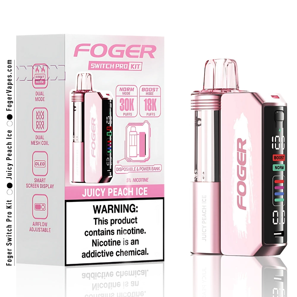 Foger Switch Pro Kit - Juicy Peach Ice with 30K puffs in a single pack. Features dual mesh coil, adjustable airflow, OLED smart screen display, and a 5% nicotine content. Ideal for those seeking long-lasting and flavorful vaping experiences. Perfect for those who enjoy a sweet peach ice flavor.