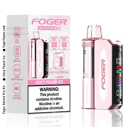 Foger Switch Pro Kit - Juicy Peach Ice with 30K puffs in a single pack. Features dual mesh coil, adjustable airflow, OLED smart screen display, and a 5% nicotine content. Ideal for those seeking long-lasting and flavorful vaping experiences. Perfect for those who enjoy a sweet peach ice flavor.