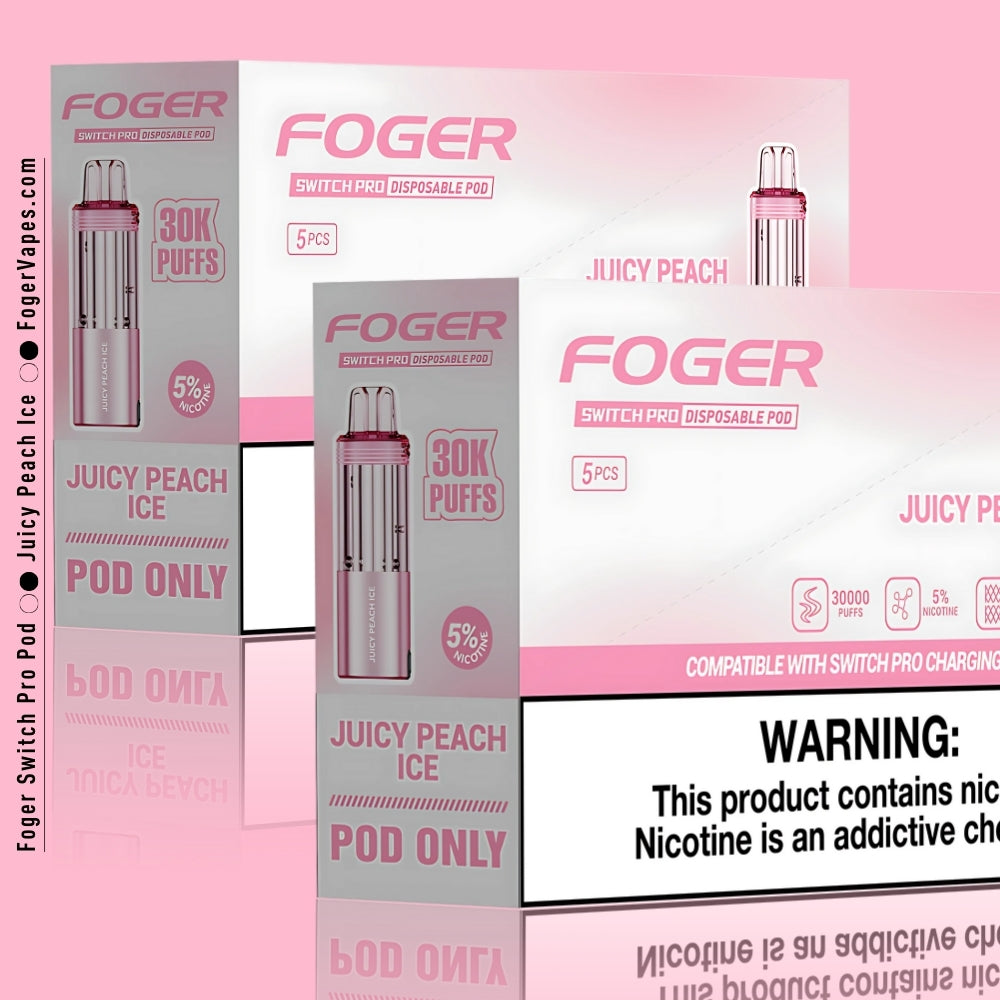 Foger Switch Pro Juicy Peach Ice Disposable Pod 10-Pack Premium vape pods with 30,000 puffs each and 5% nicotine strength. The elegant pink packaging highlights the sweet and succulent juicy peach flavor, complemented by a cooling menthol finish. Equipped with dual mesh coil technology, adjustable airflow, and compatibility with the Switch Pro charging device, this product delivers a refreshing and long-lasting vaping experience.