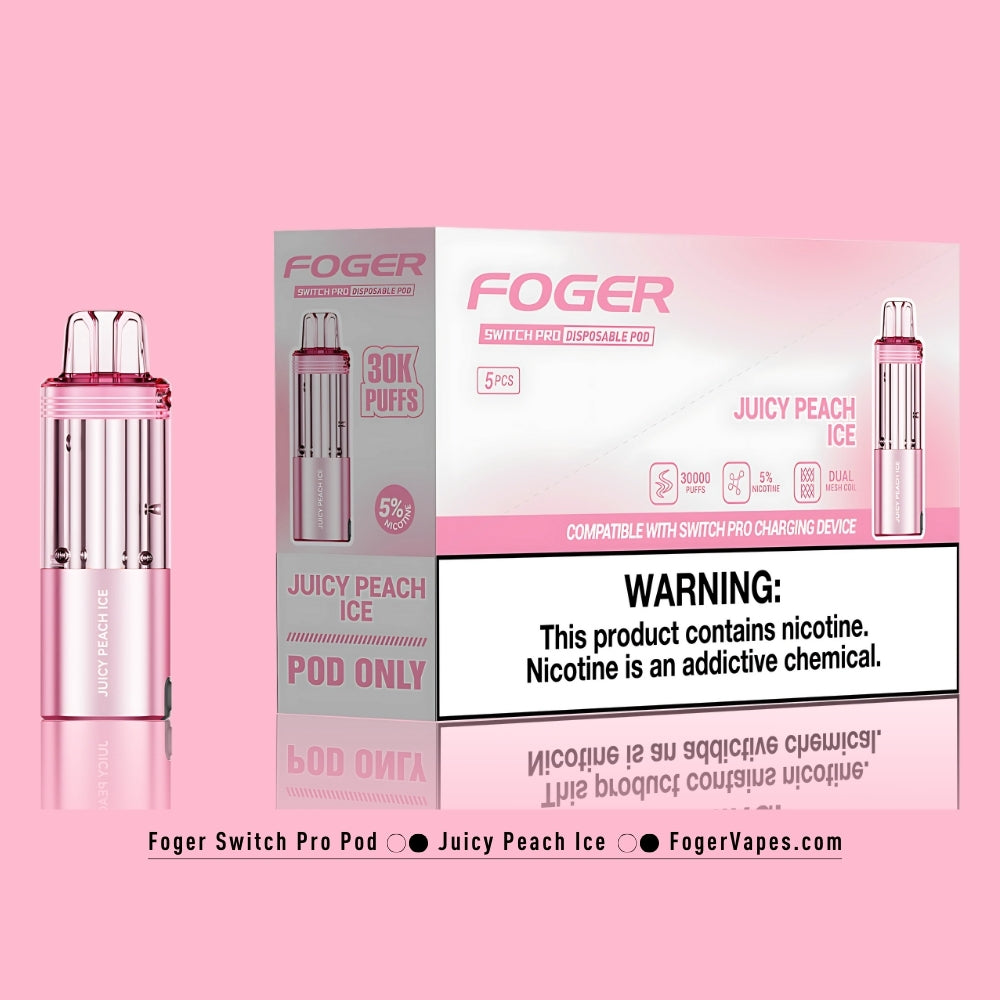 Foger Switch Pro Juicy Peach Ice Disposable Pod 5-Pack - High-capacity vape pods offering 30,000 puffs each with 5% nicotine strength. The stylish pink packaging highlights the sweet and refreshing juicy peach flavor, enhanced with a cool menthol finish. Featuring dual mesh coil technology, adjustable airflow, and compatibility with the Switch Pro charging device, this product ensures a long-lasting and premium vaping experience.