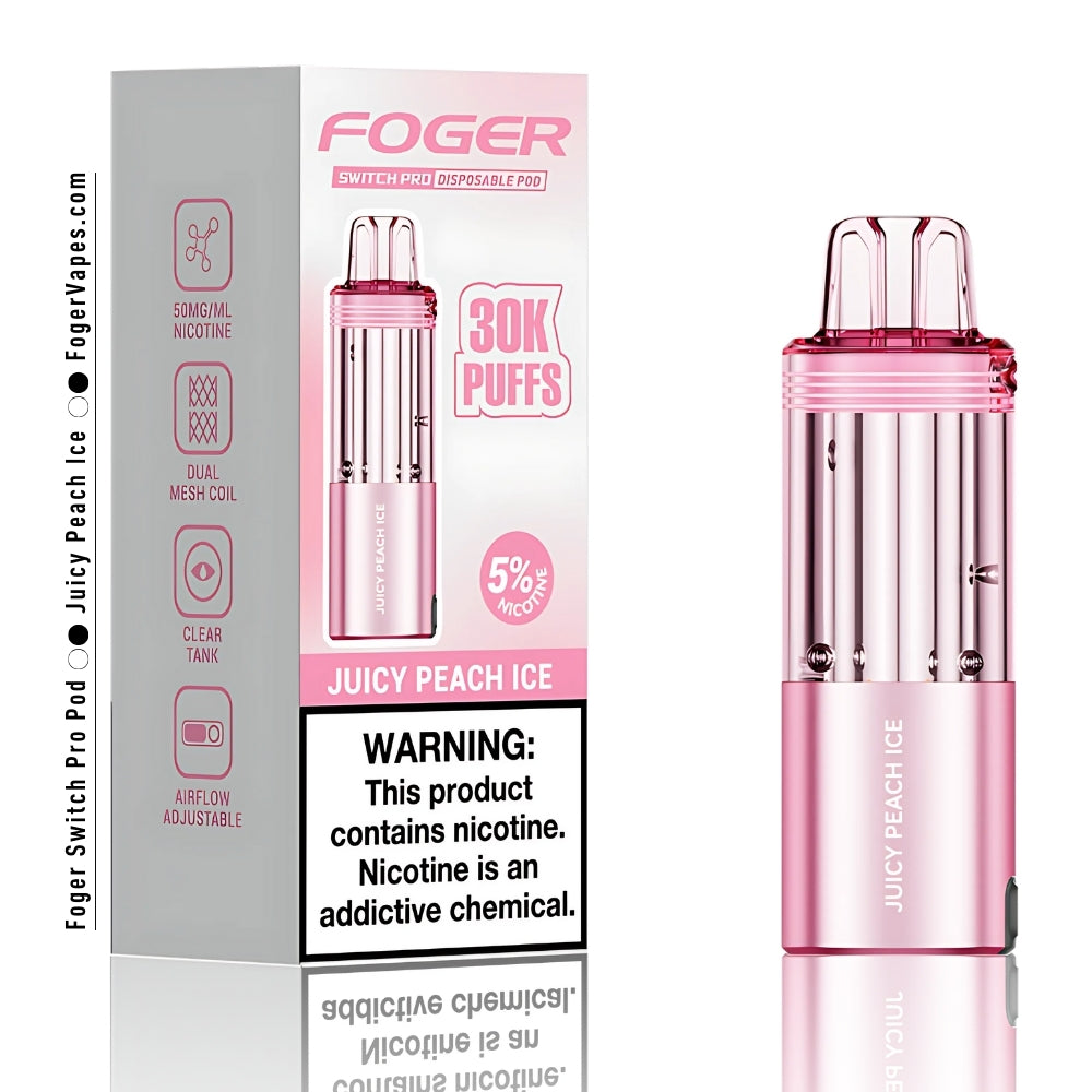 Foger Switch Pro Juicy Peach Ice Disposable Pod 30,000 Puffs Vape Device with 5% Nicotine, Dual Mesh Coil, and Adjustable Airflow. The sleek pink-colored device and packaging highlight the sweet and refreshing juicy peach flavor, paired with a subtle icy menthol finish. Perfect for a long-lasting and smooth vaping experience with fruity and cool sensations.