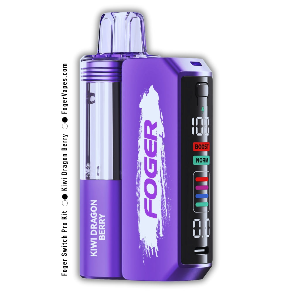 Foger Switch Pro 30K Puffs Disposable Kiwi Dragon Berry featuring a vibrant purple body with white branding, a transparent liquid tank, and a digital display with Boost and Normal puff modes, delivering a tropical fusion of tangy kiwi, exotic dragon fruit, and sweet berry flavors.