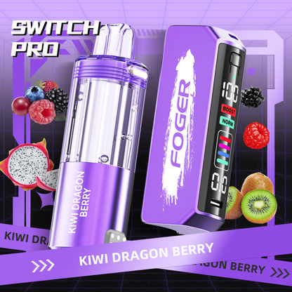 Foger Switch Pro Pod in Kiwi Dragon Berry flavor, featuring a bold purple finish and transparent tank. Enjoy up to 30K puffs of exotic kiwi, dragon fruit, and mixed berries from Foger Vapes.