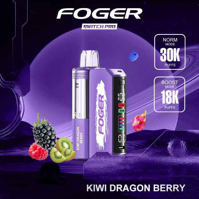 Foger Switch Pro Kit featuring Kiwi Dragon Berry flavor with 30K puffs per device. The purple-colored vape pod displays vibrant fruit illustrations of kiwi, raspberry, and blackberry. Equipped with a dual mesh coil, adjustable airflow, and OLED screen for a premium vaping experience.