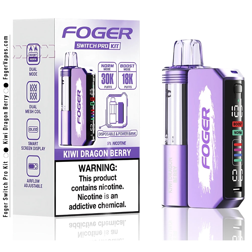 Kiwi Dragon Berry Single Pack Foger Switch Pro Kit with 30K puffs in a single pack. Features dual mesh coil, adjustable airflow, OLED smart screen display, and 5% nicotine content. Ideal for those seeking long-lasting, customizable vaping experiences.