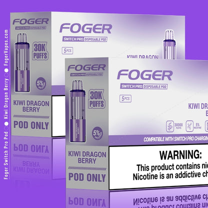 Foger Switch Pro Kiwi Dragon Berry Disposable Pod 10-Pack Premium vape pods with 30,000 puffs each and 5% nicotine strength. The vibrant purple packaging showcases the unique blend of kiwi, dragon fruit, and sweet berry flavors, offering a tropical and fruity vaping experience. Equipped with dual mesh coil technology, adjustable airflow, and compatibility with the Switch Pro charging device, this product delivers a high-performance, long-lasting vape.