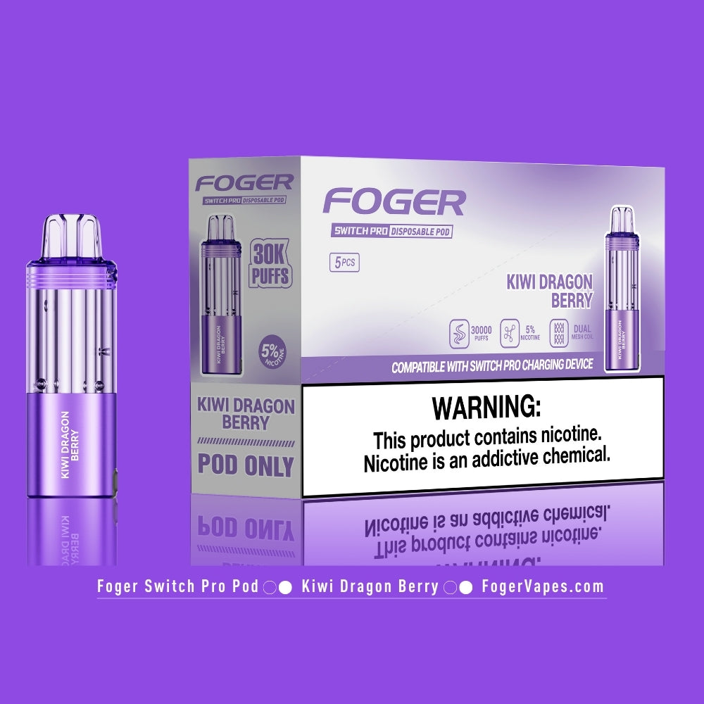 Foger Switch Pro Kiwi Dragon Berry Disposable Pod 5-Pack High-capacity vape pods offering 30,000 puffs each with 5% nicotine strength. The sleek purple packaging highlights the exotic combination of kiwi, dragon fruit, and sweet berry flavors. Designed with dual mesh coil technology, adjustable airflow, and compatibility with the Switch Pro charging device, this product ensures a premium and long-lasting fruity vaping experience.