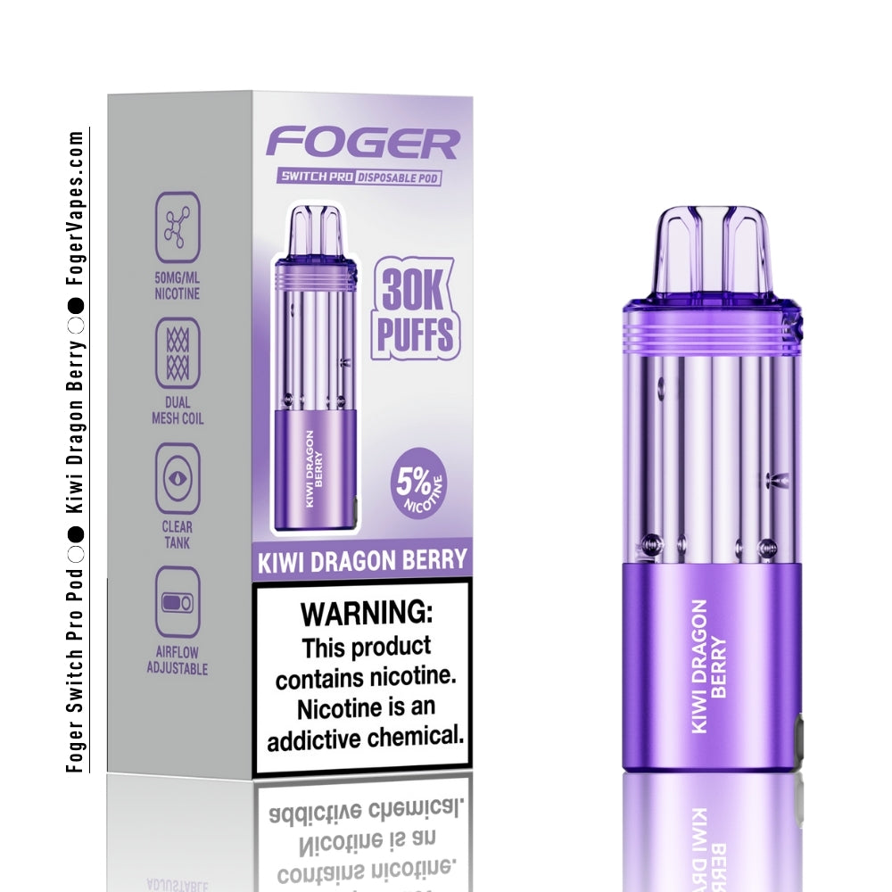 Foger Switch Pro Kiwi Dragon Berry Disposable Pod 30,000 Puffs Vape Device with 5% Nicotine, Dual Mesh Coil, and Adjustable Airflow. The vibrant purple-colored device and packaging highlight the exotic kiwi and dragon fruit flavor, enhanced with a hint of sweet berry. Perfect for a long-lasting and fruity vaping experience with premium performance.