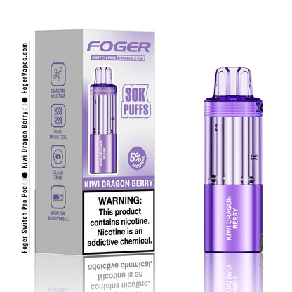 Foger Switch Pro Kiwi Dragon Berry Disposable Pod 30,000 Puffs Vape Device with 5% Nicotine, Dual Mesh Coil, and Adjustable Airflow. The vibrant purple-colored device and packaging highlight the exotic kiwi and dragon fruit flavor, enhanced with a hint of sweet berry. Perfect for a long-lasting and fruity vaping experience with premium performance.