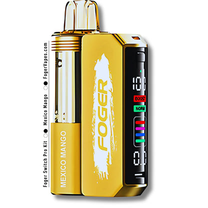 Foger Switch Pro Kit in Mexico Mango flavor, featuring a vibrant yellow design with a transparent tank and advanced LED display. Offering 30K Puffs, this disposable vape device blends tropical mango flavor with cutting-edge style and functionality for a superior vaping experience.