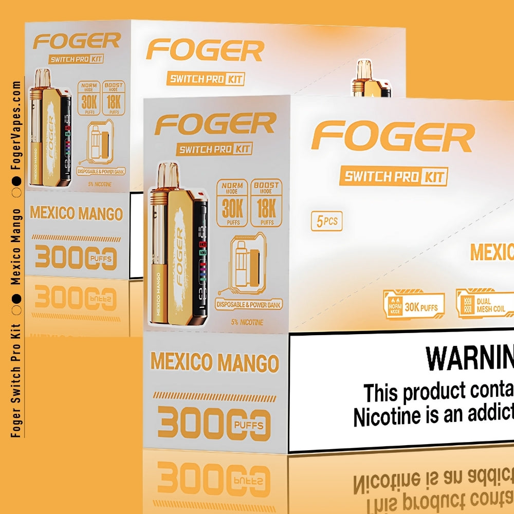 Foger Switch Pro Kit – Mexico Mango in a 10 pack, designed for long-term enjoyment with 30K puffs per pod. Featuring dual mesh coils, adjustable airflow, and a smart OLED screen, each device contains 5% nicotine for those who prefer an intense, smooth mango experience.