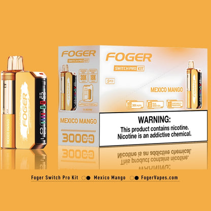 Foger Switch Pro Kit – Mexico Mango, available in a 5 pack, offering 30K puffs per device. The kit includes dual mesh coils, adjustable airflow, and an OLED smart display. Each pod has 5% nicotine, perfect for mango lovers looking for a reliable, extended vaping experience.