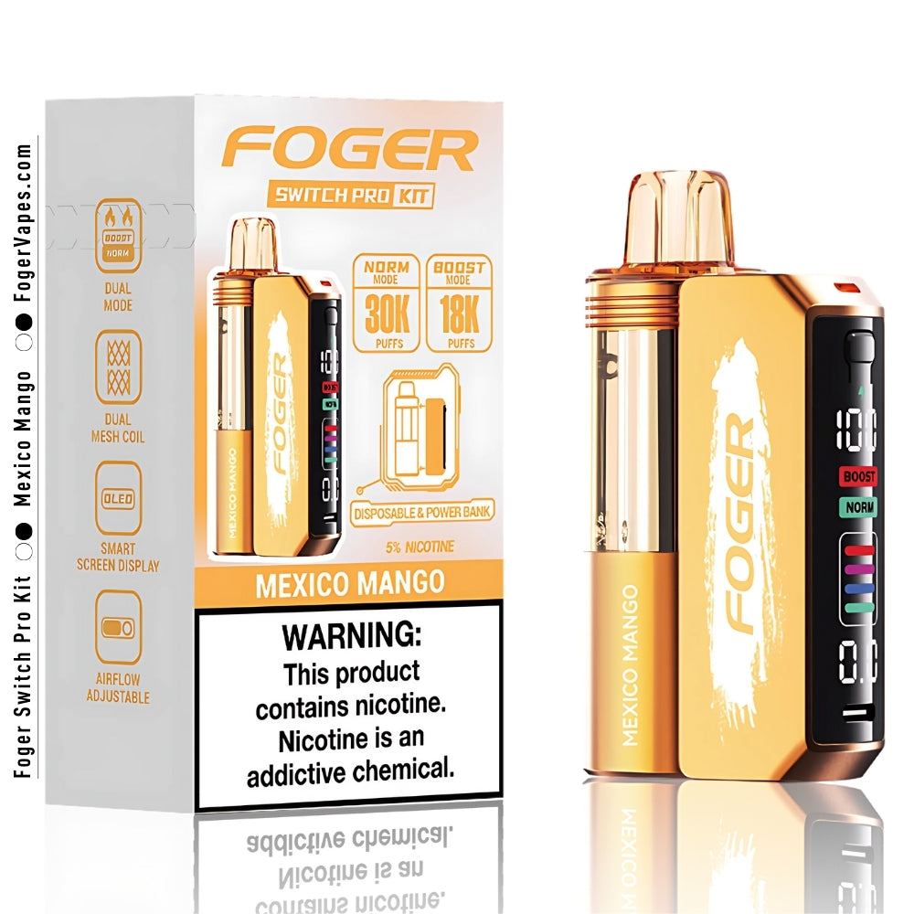 Mexico Mango Single Pack Foger Switch Pro Kit – Mexico Mango with 30K puffs in a single pack. Features dual mesh coils for smooth airflow, an OLED smart screen display, and 5% nicotine content. Ideal for those seeking a long-lasting, satisfying vaping experience with a vibrant mango flavor.