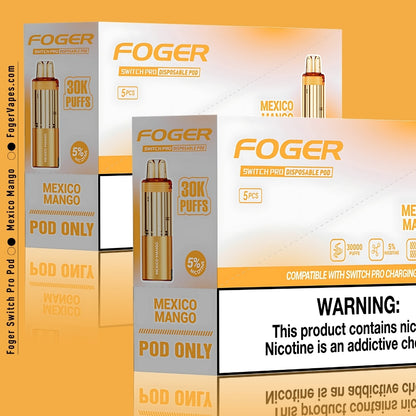 Foger Switch Pro Mexico Mango Disposable Pod 10-Pack High-Capacity Vape Pods Offering 30,000 Puffs Each with 5% Nicotine Strength. Highlighted by its vibrant orange packaging, this flavor captures the essence of tropical mango from Mexico. The pods feature advanced dual mesh coil technology and are compatible with the Switch Pro charging device for a premium vaping experience.