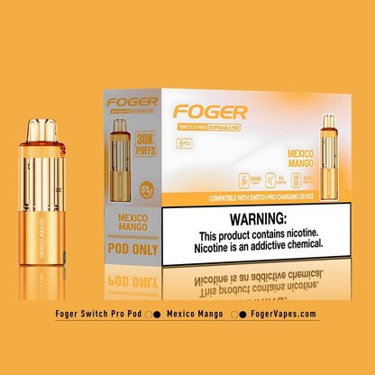 Foger Switch Pro Mexico Mango Disposable Pod 5-Pack Premium Vape Pods with 30,000 Puffs Each, 5% Nicotine, and Dual Mesh Coil Technology. The bright orange packaging emphasizes the rich and tropical mango flavor inspired by Mexico. These pods are designed for long-lasting use and are compatible with the Switch Pro charging device, offering a satisfying and flavorful vaping experience.