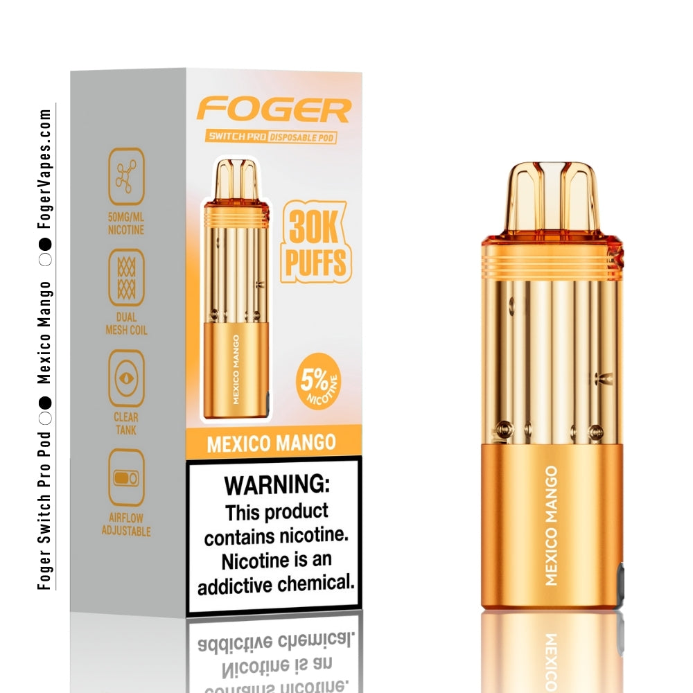 Foger Switch Pro Mexico Mango Disposable Pod 30,000 Puffs Vape Device with 5% Nicotine, Dual Mesh Coil, and Adjustable Airflow. The vibrant orange-colored device and packaging highlight the sweet and tropical mango flavor inspired by the essence of Mexico. Designed for a long-lasting and flavorful vaping experience, this pod combines premium performance and rich taste.