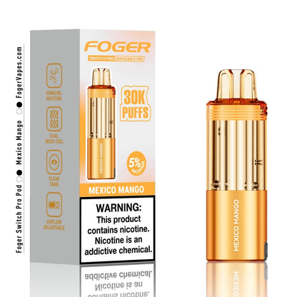 Foger Switch Pro Mexico Mango Disposable Pod 30,000 Puffs Vape Device with 5% Nicotine, Dual Mesh Coil, and Adjustable Airflow. The vibrant orange-colored device and packaging highlight the sweet and tropical mango flavor inspired by the essence of Mexico. Designed for a long-lasting and flavorful vaping experience, this pod combines premium performance and rich taste.