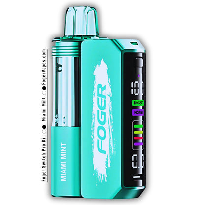 Foger Switch Pro Kit in Miami Mint flavor, showcasing a sleek turquoise design with a transparent tank and advanced LED indicators. This 30K Puffs disposable vape device combines premium flavor with a stylish and modern aesthetic, offering a refreshing minty vaping experience.