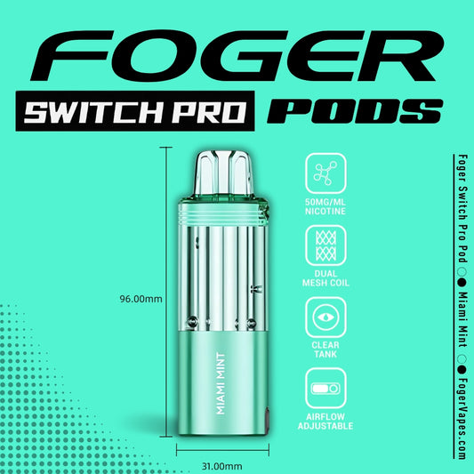 Foger Switch Pro Pod in Miami Mint flavor, featuring a fresh turquoise design with a transparent tank, dual mesh coil for smooth and refreshing vapor, adjustable airflow, and 50mg/ml nicotine strength. Dimensions (96mm x 31mm) and key features are highlighted against a vibrant turquoise background with sleek branding.