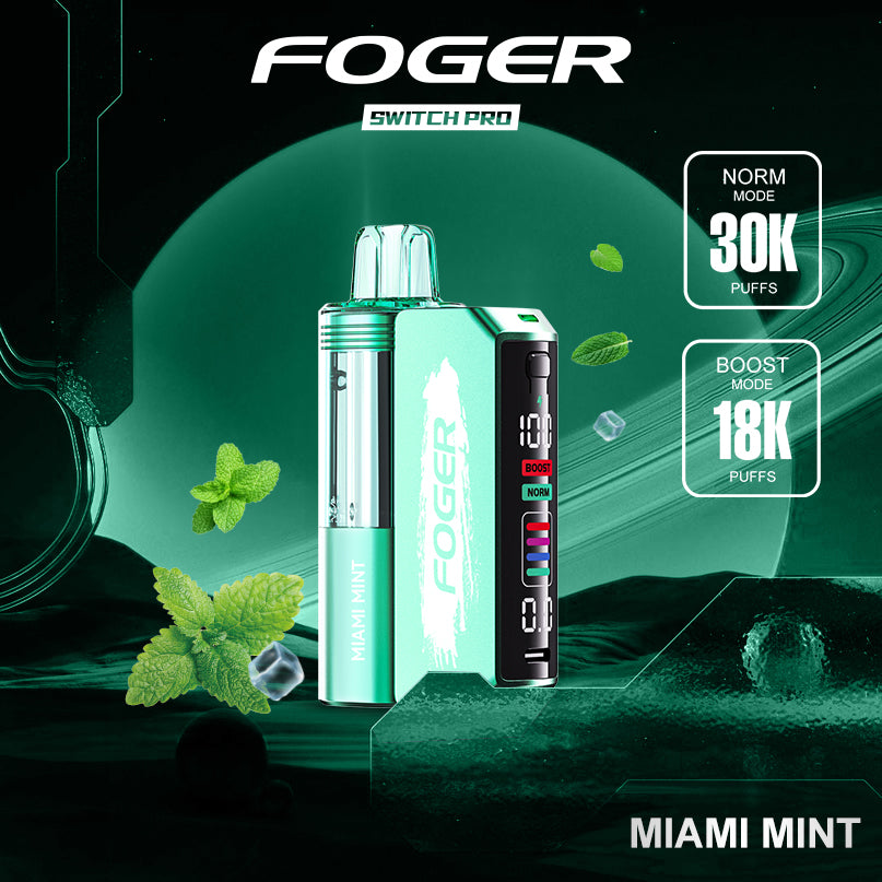 Foger Switch Pro Kit with Miami Mint flavor, offering 30K puffs. This green device combines cool mint with a frosty finish, enhanced by dual mesh coils, adjustable airflow, and an OLED display for a refreshing and crisp vaping experience.