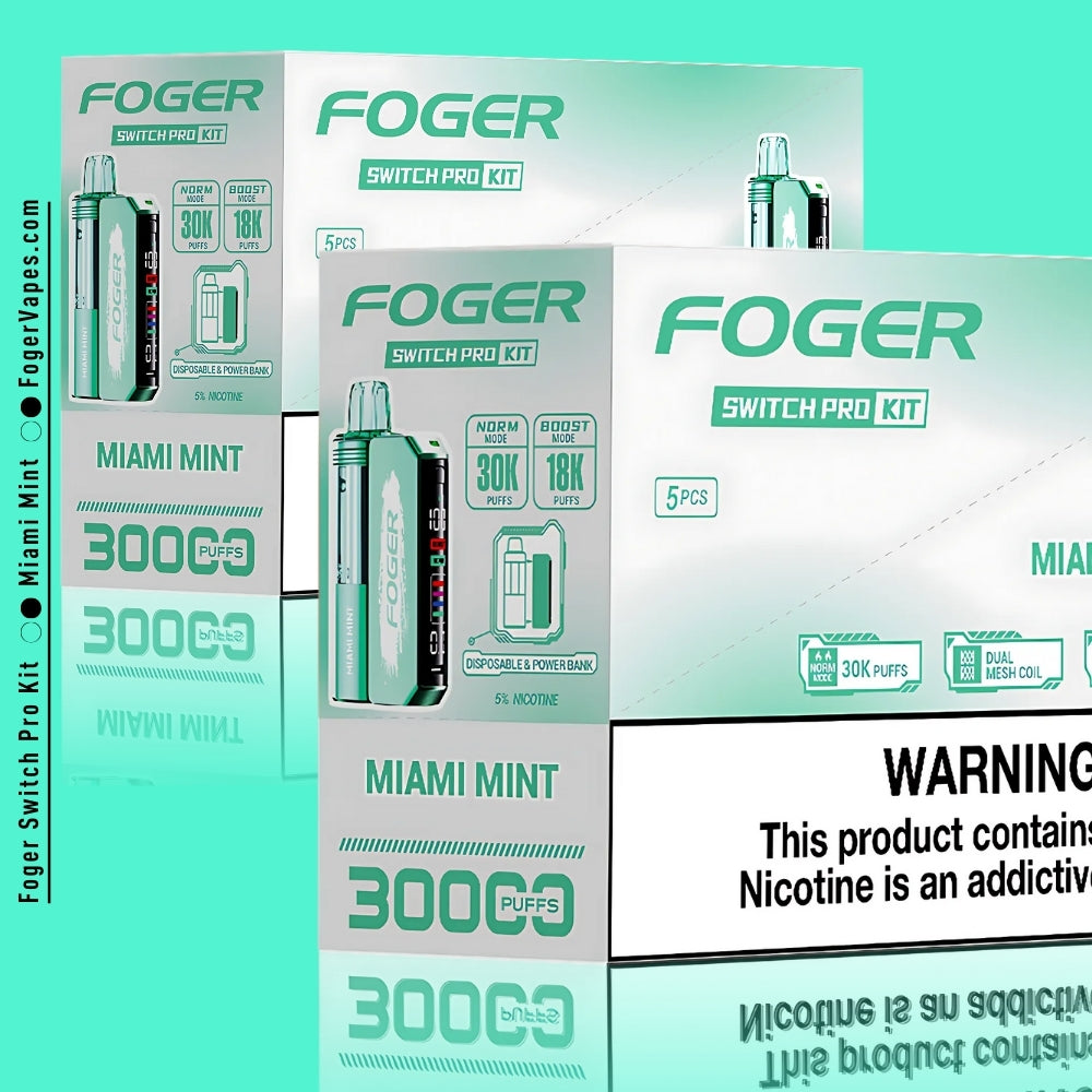 Foger Switch Pro Kit - Miami Mint in a 10 pack, designed for extended enjoyment with 30K puffs per pod. Each device features dual mesh coils, adjustable airflow, and a smart OLED screen. With 5% nicotine, it delivers the perfect combination of smooth and cooling mint, perfect for any vaping enthusiast.