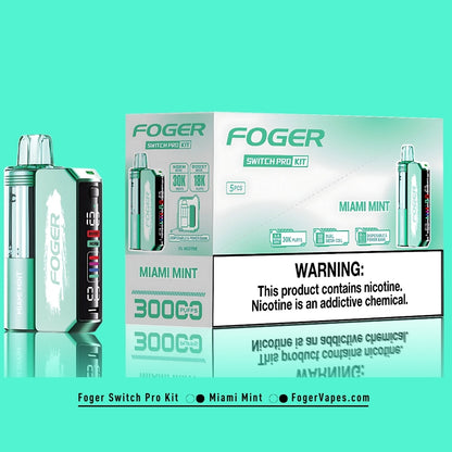 Foger Switch Pro Kit - Miami Mint, available in a 5 pack, offering 30K puffs per device. The kit includes dual mesh coils for an enhanced vaping experience with adjustable airflow and OLED screen. Each device contains 5% nicotine, ideal for those who enjoy a refreshing mint experience.