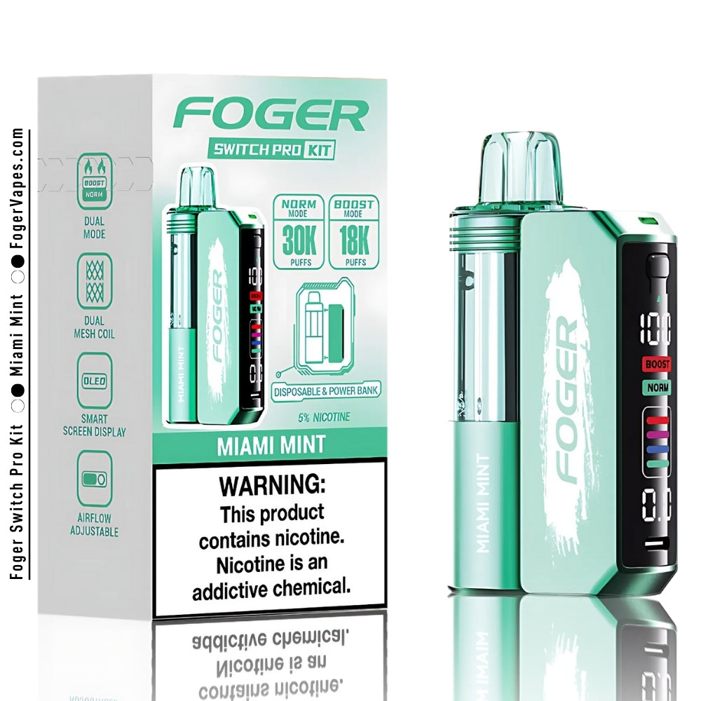 Foger Switch Pro Kit - Miami Mint with 30K puffs in a single pack. Features dual mesh coil, adjustable airflow, OLED smart screen display, and a 5% nicotine content. Ideal for those seeking long-lasting and refreshing minty vaping experiences. Perfect for those who enjoy a cool mint flavor.