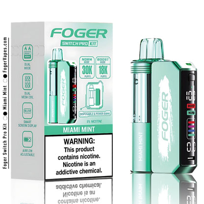 Foger Switch Pro Kit - Miami Mint with 30K puffs in a single pack. Features dual mesh coil, adjustable airflow, OLED smart screen display, and a 5% nicotine content. Ideal for those seeking long-lasting and refreshing minty vaping experiences. Perfect for those who enjoy a cool mint flavor.