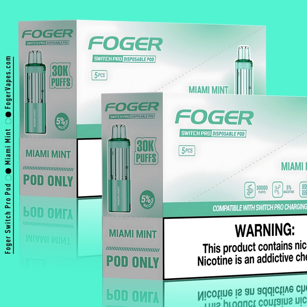 Foger Switch Pro Miami Mint Disposable Pod 10-Pack Box. Highlighting 30,000 puffs per pod with a refreshing Miami Mint flavor, this 10-pack features eco-friendly replaceable pods. Designed with a sleek green aesthetic and advanced dual mesh coil technology for enhanced vapor production and flavor. Includes 5% nicotine strength and compatibility with the Foger Switch Pro charging device for convenience.