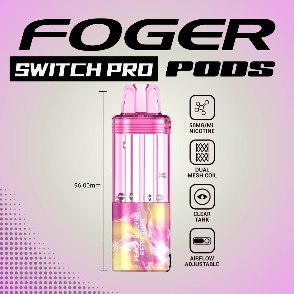 Foger Switch Pro Pod Peach Berries Refresher 30K puffs disposable vape with clear tank and adjustable airflow
