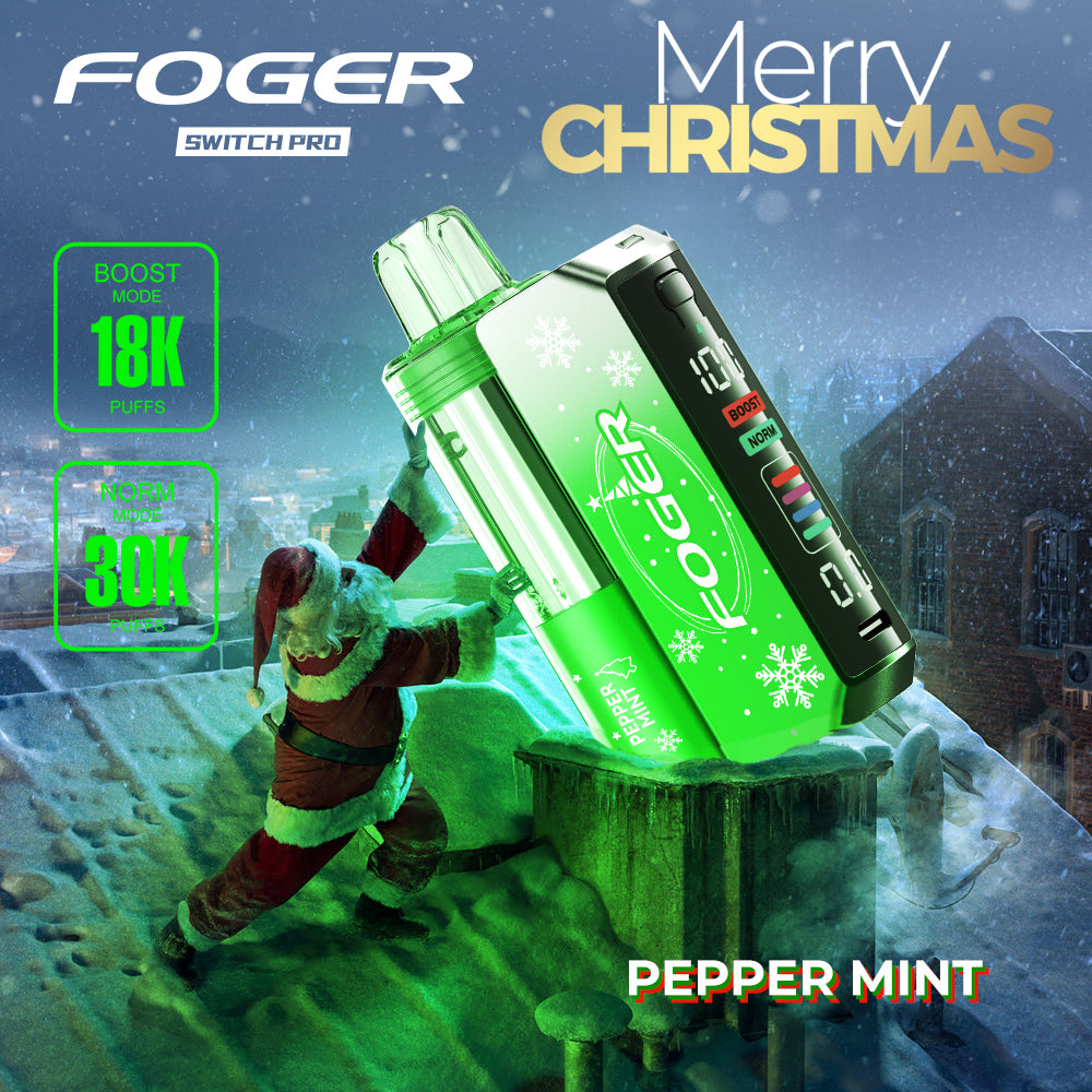 Foger Switch Pro 30K Puffs Holiday Edition Peppermint flavor with festive green design. Delivers 18K Boost mode and 30K Norm mode puffs, set in a vibrant Santa Claus rooftop scene.