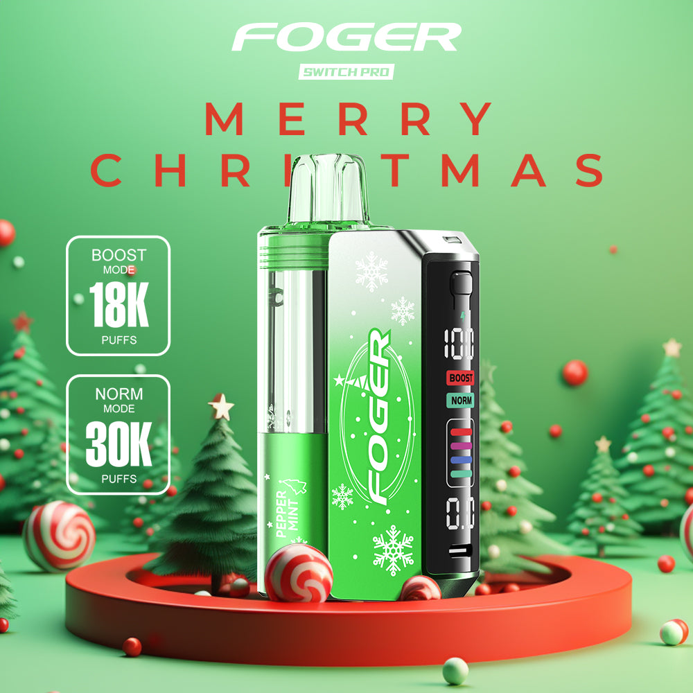 Foger Switch Pro 30K Puffs Peppermint flavor in a vibrant green festive design. Equipped with dual mesh coil, dual vaping modes, and an LCD display, surrounded by Christmas decorations and candy canes.