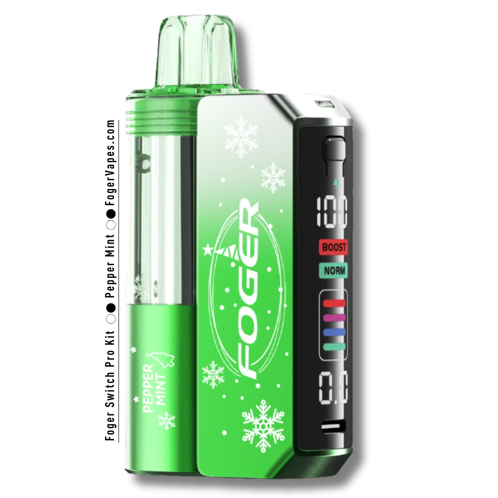 Foger Switch Pro 30K Puffs Holiday Edition Peppermint flavor. Showcasing a vibrant green holiday design with snowflake details, this vape offers a transparent tank, an LCD display, and dual vaping modes (Boost/Norm). A refreshing seasonal option for an enhanced vaping experience.