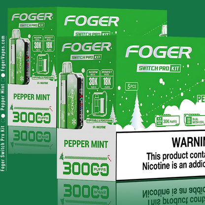 Foger Switch Pro Kit Holiday Edition PepperMint in a 10 pack, designed for extended enjoyment with 30K puffs per pod. Each device features dual mesh coils, adjustable airflow, and a smart OLED screen. With 5% nicotine, it delivers a perfect combination of cool and invigorating mint, ideal for any vaping enthusiast.