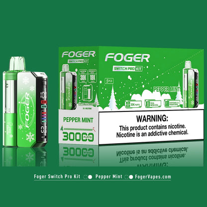 Foger Switch Pro Kit Holiday Edition  PepperMint, available in a 5 pack, offering 30K puffs per device. The kit includes dual mesh coils for an enhanced vaping experience with adjustable airflow and OLED screen. Each device contains 5% nicotine, providing a smooth and refreshing mint experience.