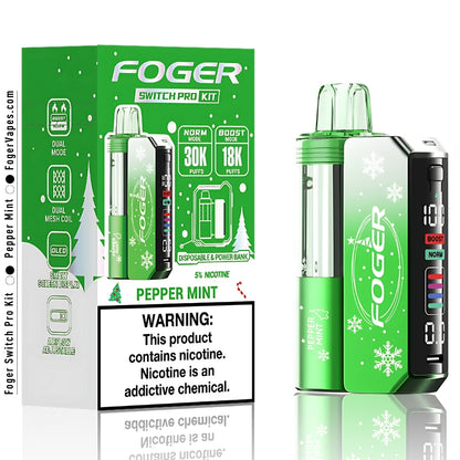 Foger Switch Pro Kit Holiday Edition PepperMint with 30K puffs in a single pack. Features dual mesh coil, adjustable airflow, OLED smart screen display, and a 5% nicotine content. Ideal for those seeking a fresh and cool vaping experience that lasts.