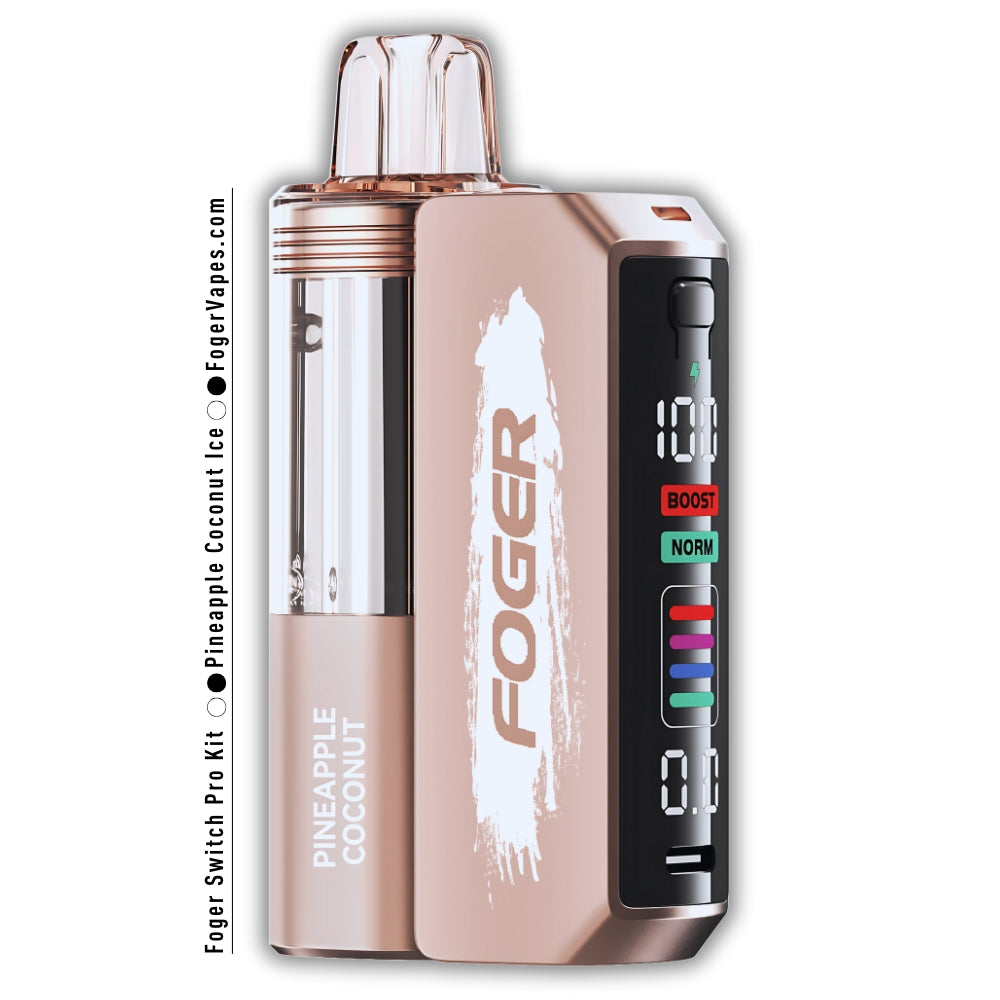 Foger Switch Pro 30K Puffs Disposable Pineapple Coconut Ice featuring an elegant beige body with white branding, a transparent liquid tank, and a digital display with Boost and Normal puff modes, offering a tropical and refreshing vaping experience.