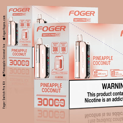 Foger Switch Pro Kit – Pineapple Coconut Ice in a 10 pack, providing 30K puffs per device. Features dual mesh coils, adjustable airflow, and a smart OLED screen. With 5% nicotine, enjoy the perfect mix of coconut and pineapple for a refreshing vaping experience, ideal for those who prefer a larger supply.