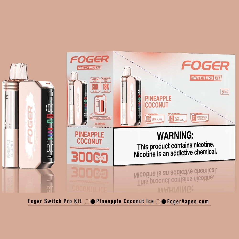 Foger Switch Pro Kit Pineapple Coconut Ice, available in a 5 pack, offering 30K puffs per device. The kit includes dual mesh coils, adjustable airflow, and an OLED screen. Each device contains 5% nicotine, perfect for those who love the tropical blend of coconut and pineapple in a convenient pack.