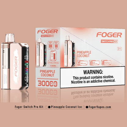 Foger Switch Pro Kit Pineapple Coconut Ice, available in a 5 pack, offering 30K puffs per device. The kit includes dual mesh coils, adjustable airflow, and an OLED screen. Each device contains 5% nicotine, perfect for those who love the tropical blend of coconut and pineapple in a convenient pack.