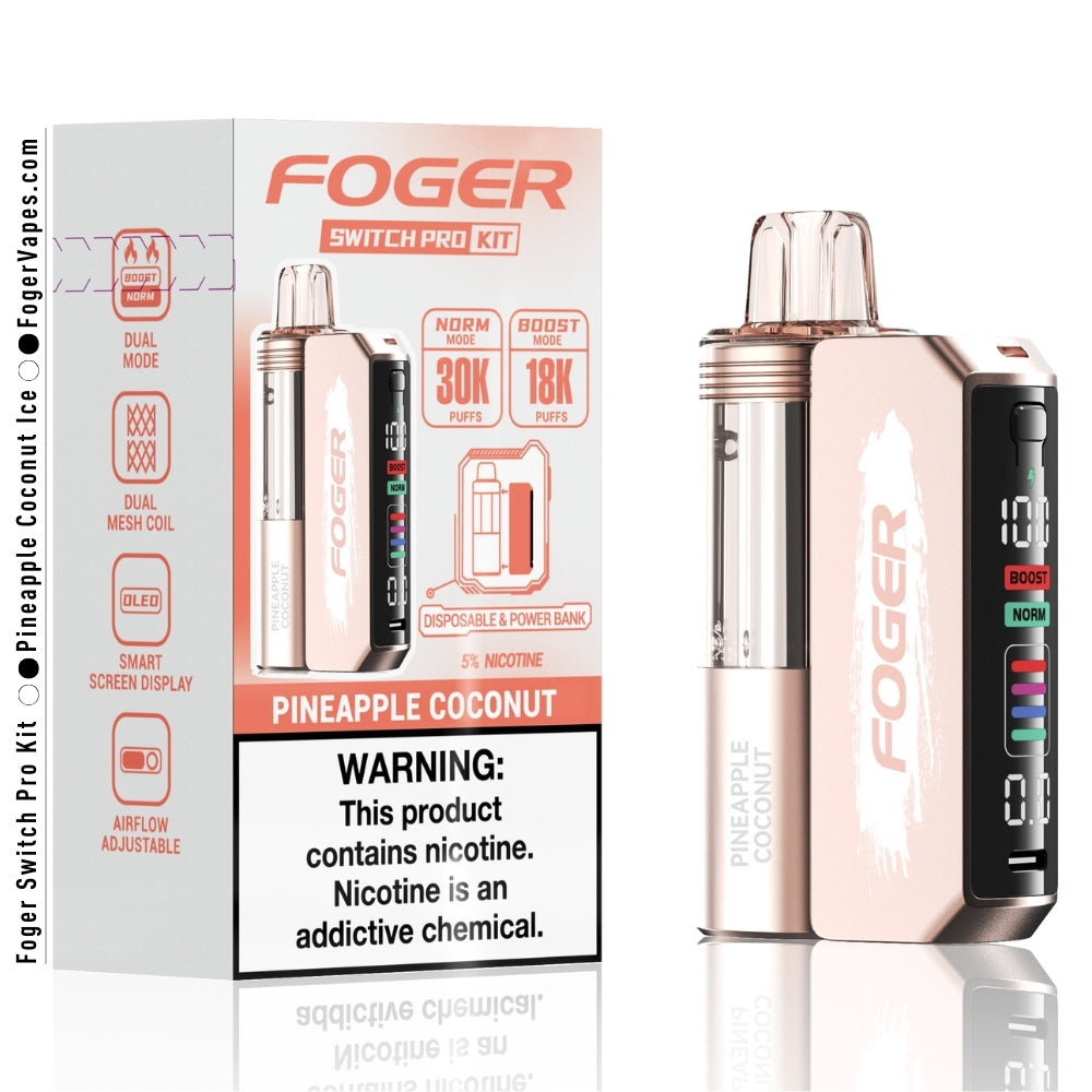 Foger Switch Pro Kit  Pineapple Coconut Ice disposable pod with 30K puffs per device. This single pack comes with a dual mesh coil for enhanced flavor, adjustable airflow, OLED smart screen display, and a 5% nicotine content. Ideal for long-lasting vaping sessions with tropical coconut and sweet pineapple.