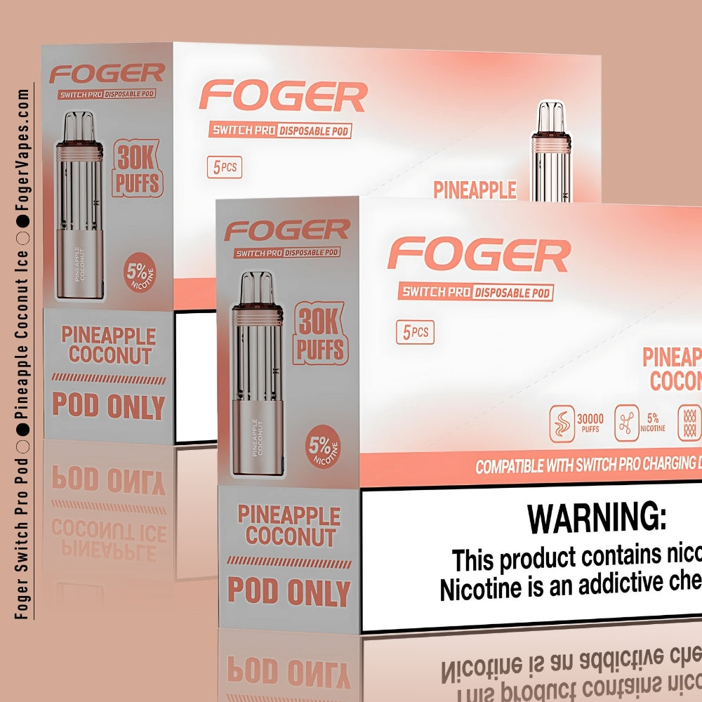 Foger Switch Pro Pineapple Coconut Ice Disposable Pod 10 Pack Box featuring 30,000 puffs per pod. Elegant rose gold packaging highlights the tropical pineapple coconut flavor with a menthol chill. Includes 5% nicotine strength, dual mesh coil technology for enhanced flavor, and compatibility with Switch Pro charging devices. Perfect for long-lasting, premium vaping.